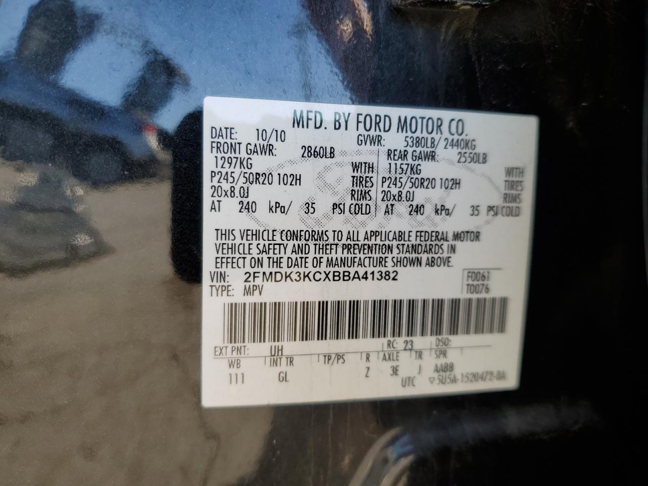 2011 Ford Edge Limited VIN: 2FMDK3KCXBBA41382 Lot: 93057325