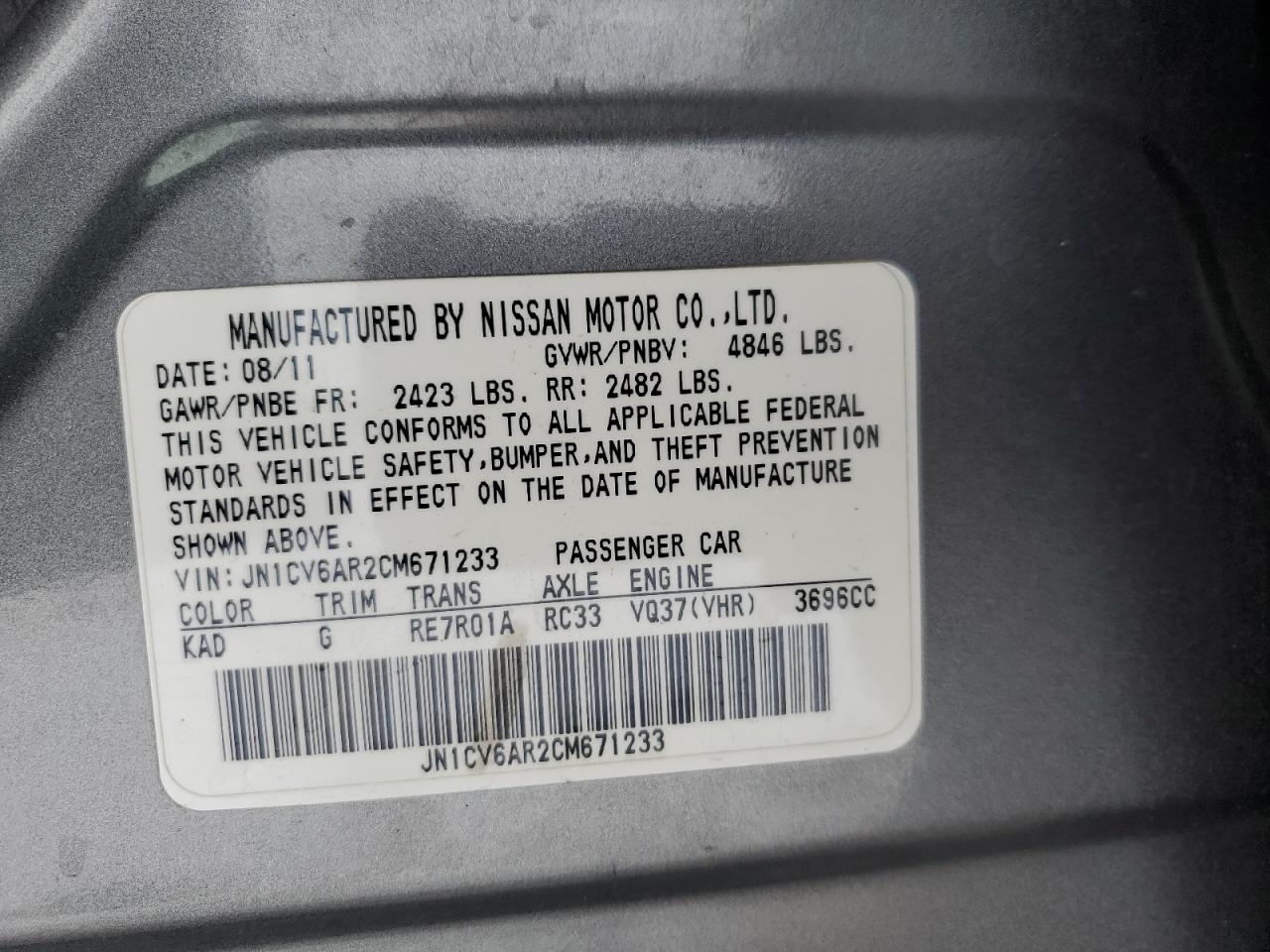 2012 Infiniti G37 VIN: JN1CV6AR2CM671233 Lot: 91296835