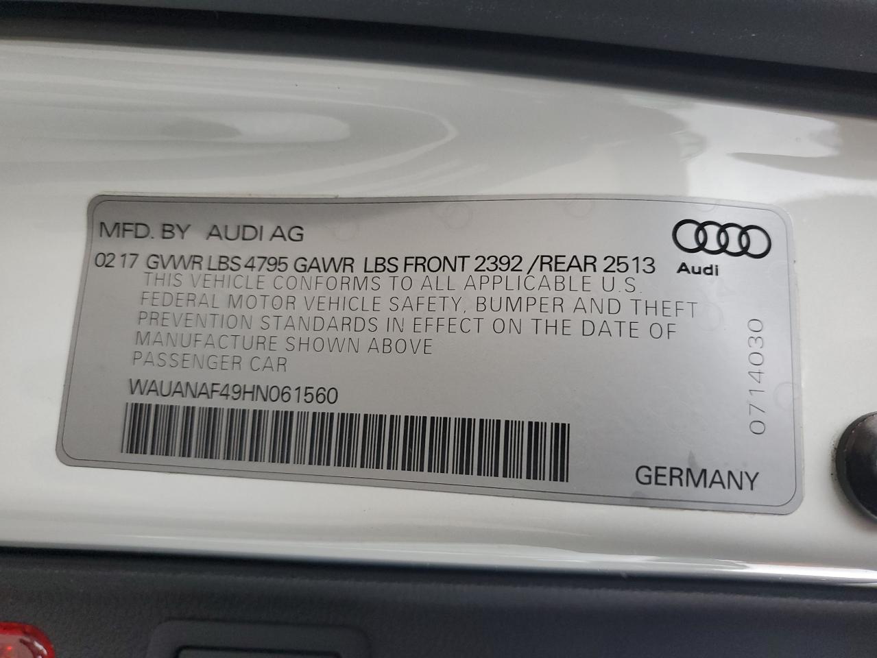 2017 Audi A4 Premium VIN: WAUANAF49HN061560 Lot: 92526015
