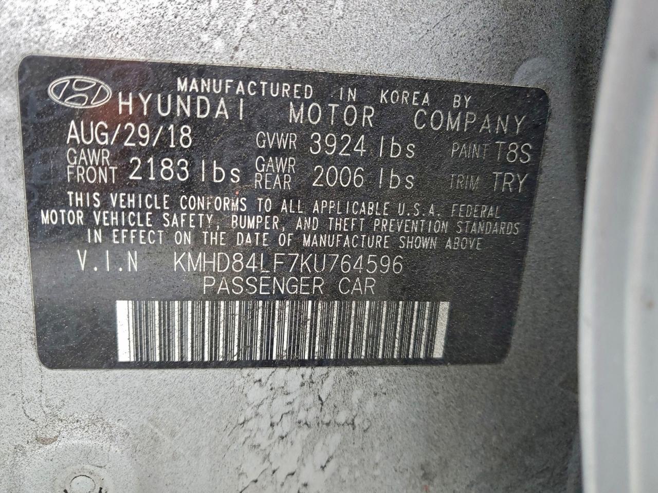 2019 Hyundai Elantra Sel VIN: KMHD84LF7KU764596 Lot: 94129735