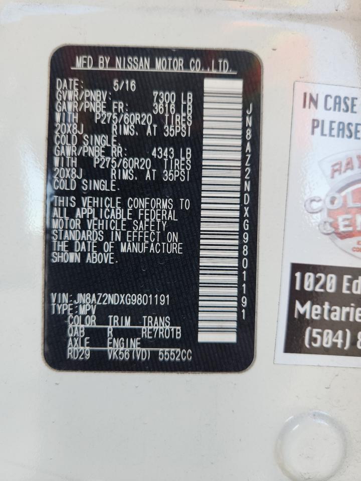 2016 Infiniti Qx80 VIN: JN8AZ2NDXG9801191 Lot: 92753455