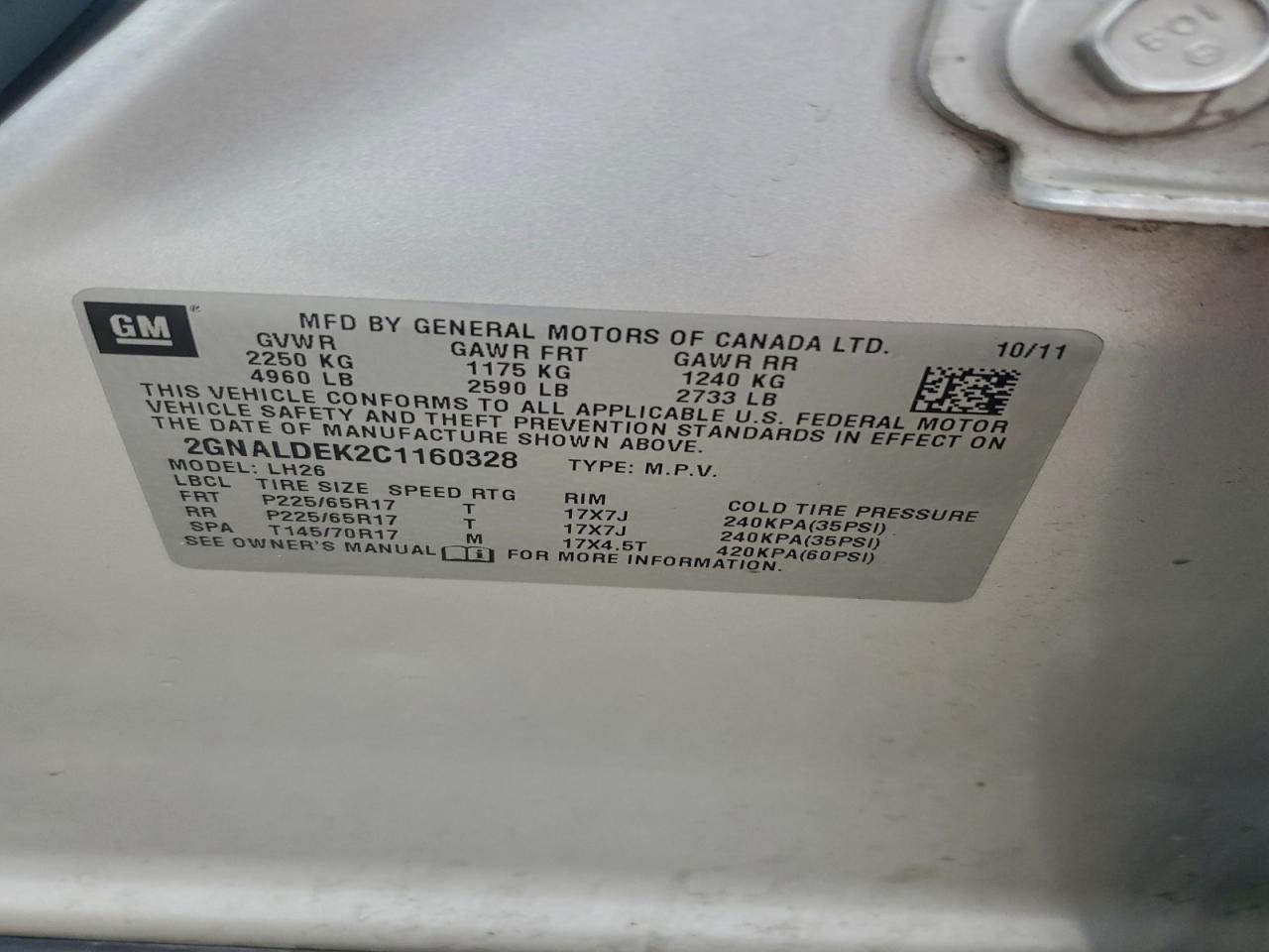 2012 Chevrolet Equinox Lt VIN: 2GNALDEK2C1160328 Lot: 93445965