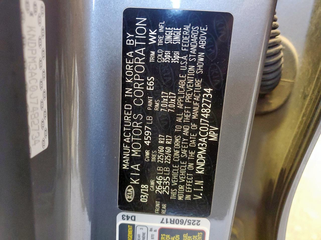 2018 Kia Sportage Lx VIN: KNDPM3AC0J7482734 Lot: 93334795