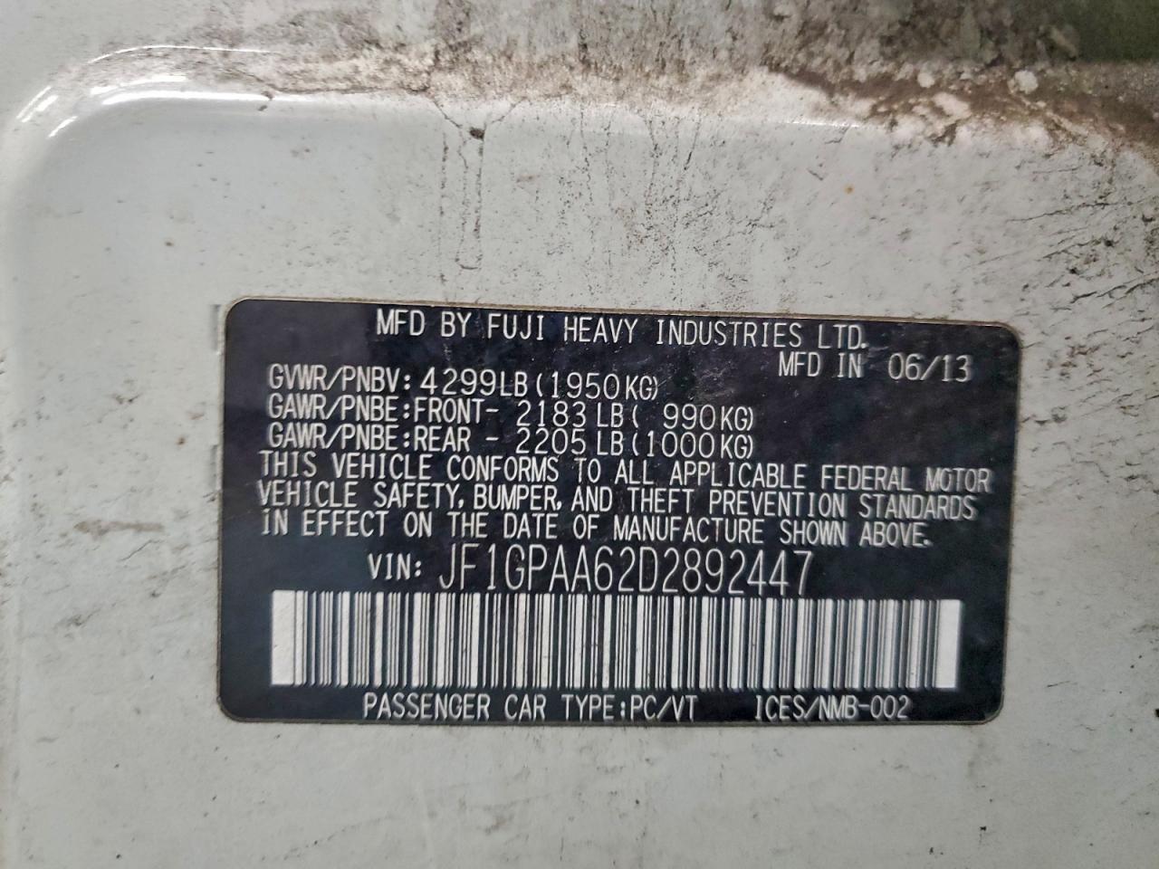 2013 Subaru Impreza VIN: JF1GPAA62D2892447 Lot: 93899555