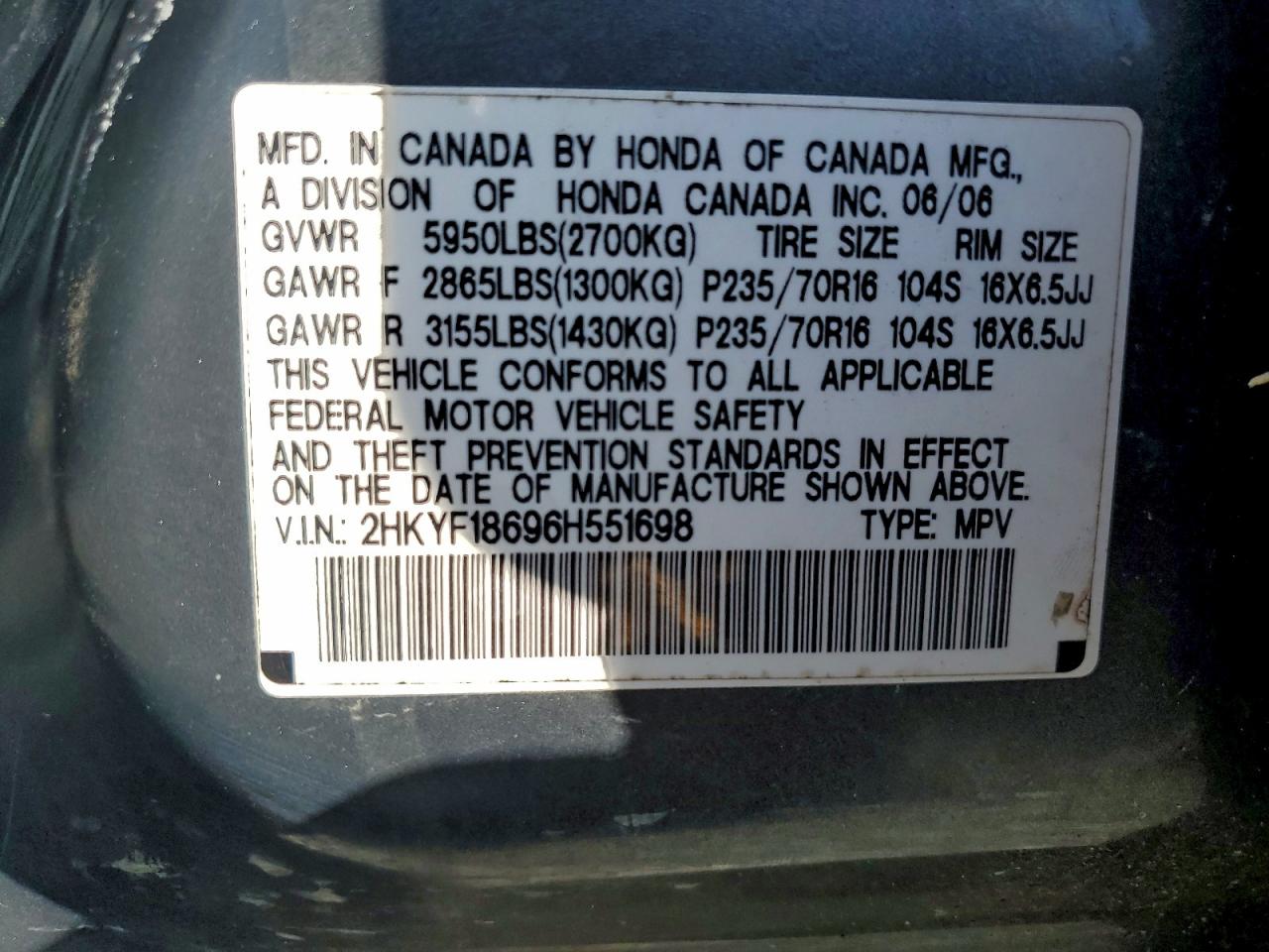 2006 Honda Pilot Ex VIN: 2HKYF18696H551698 Lot: 94340425