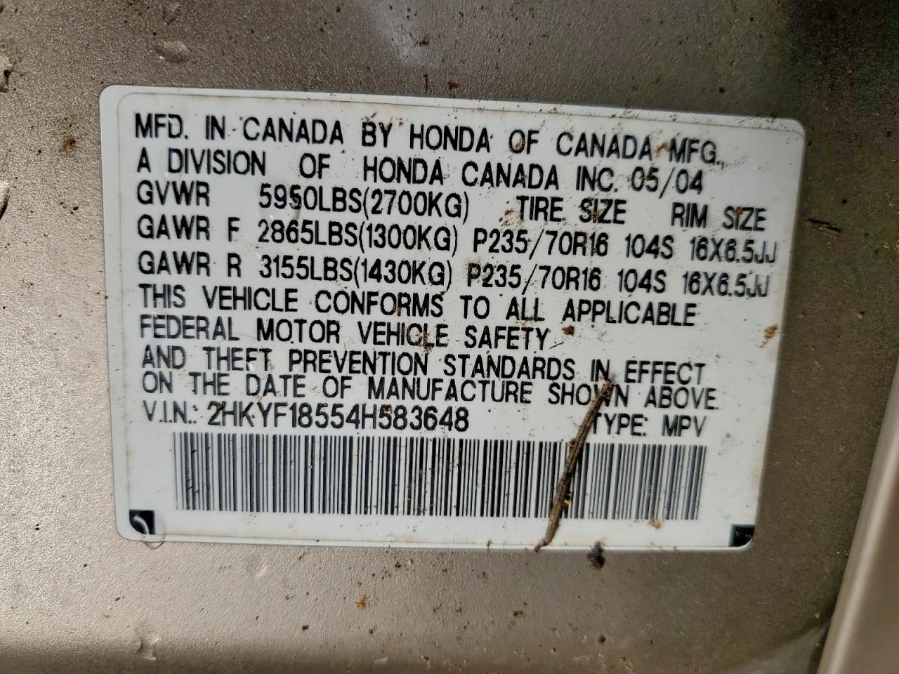 2004 Honda Pilot Exl VIN: 2HKYF18554H583648 Lot: 93841185