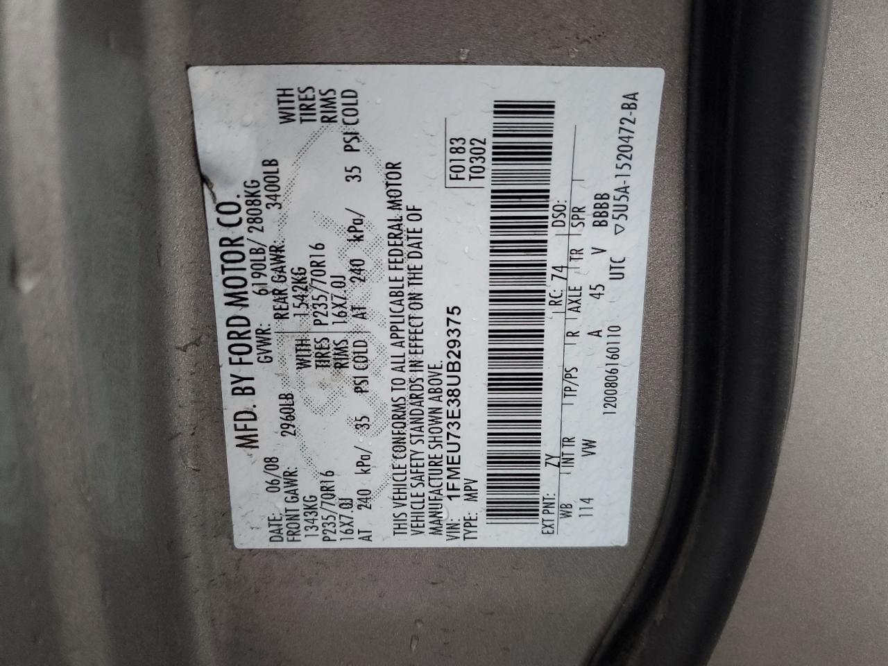 2008 Ford Explorer Xlt VIN: 1FMEU73E38UB29375 Lot: 86660665