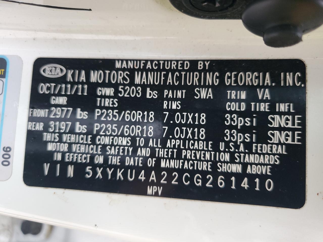 2012 Kia Sorento Ex VIN: 5XYKU4A22CG261410 Lot: 93237705