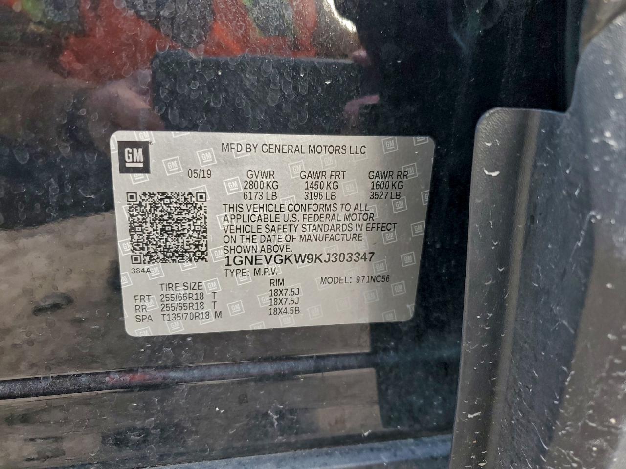 2019 Chevrolet Traverse Lt VIN: 1GNEVGKW9KJ303347 Lot: 93483285