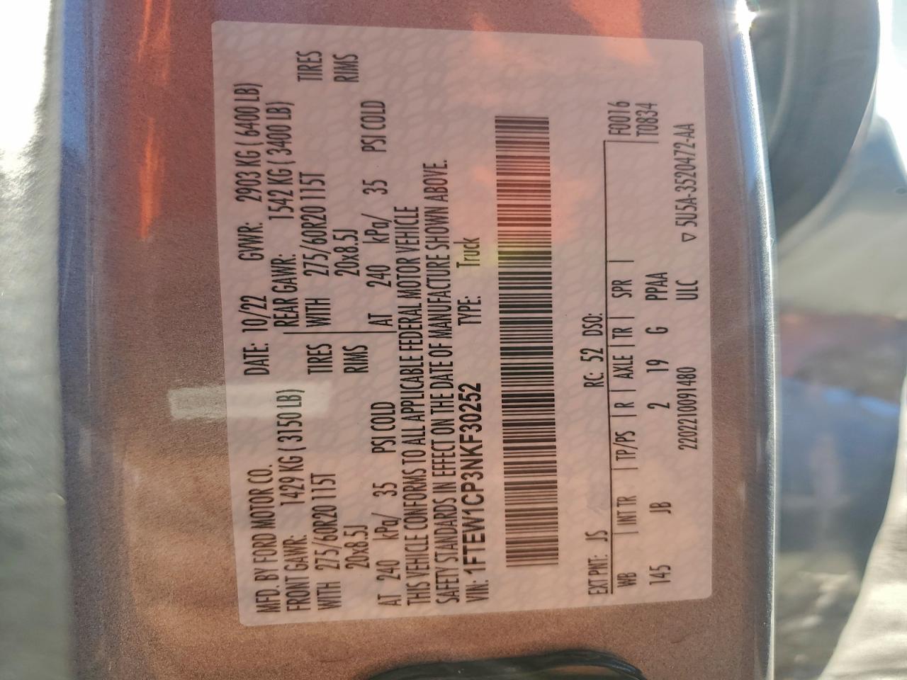 2022 Ford F150 Supercrew VIN: 1FTEW1CP3NKF30252 Lot: 93824545