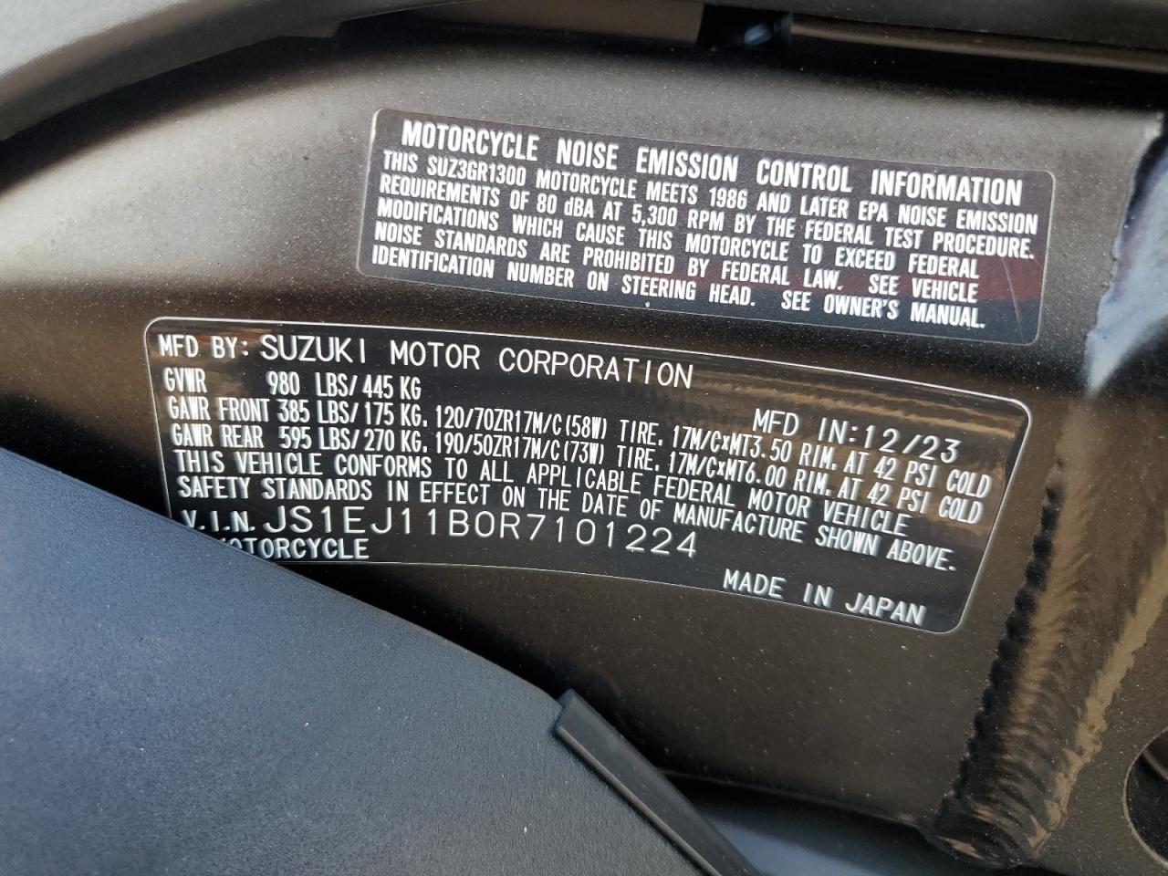 2024 Suzuki Gsx1300 Rr VIN: JS1EJ11B0R7101224 Lot: 91199935
