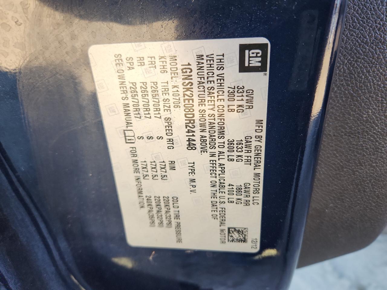 2013 Chevrolet Tahoe Special VIN: 1GNSK2E08DR241448 Lot: 92392685