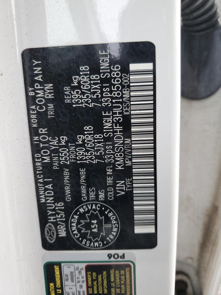 2017 Hyundai Santa Fe Se VIN: KM8SNDHF3HU185686 Lot: 92713985