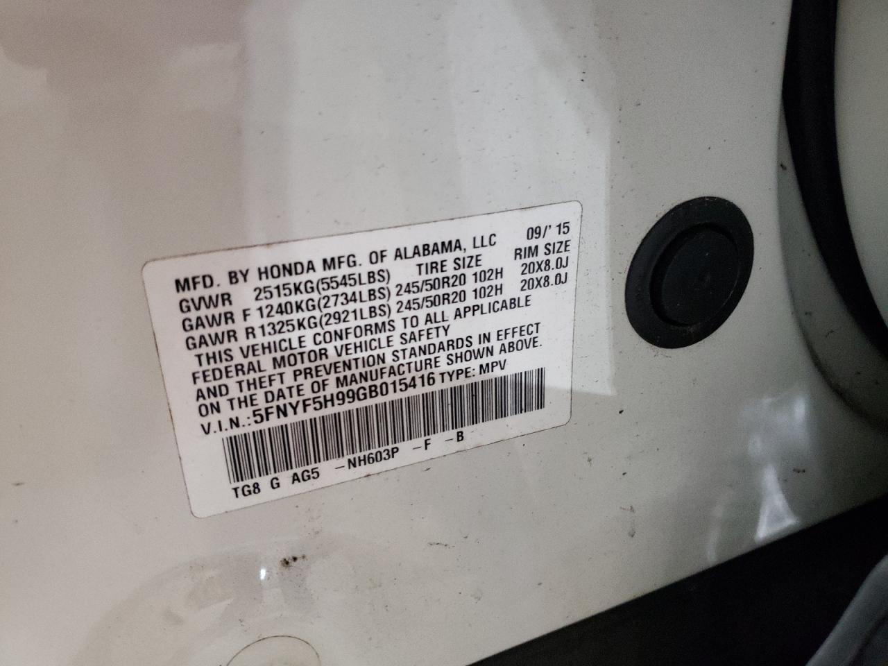 2016 Honda Pilot Touring VIN: 5FNYF5H99GB015416 Lot: 92543765