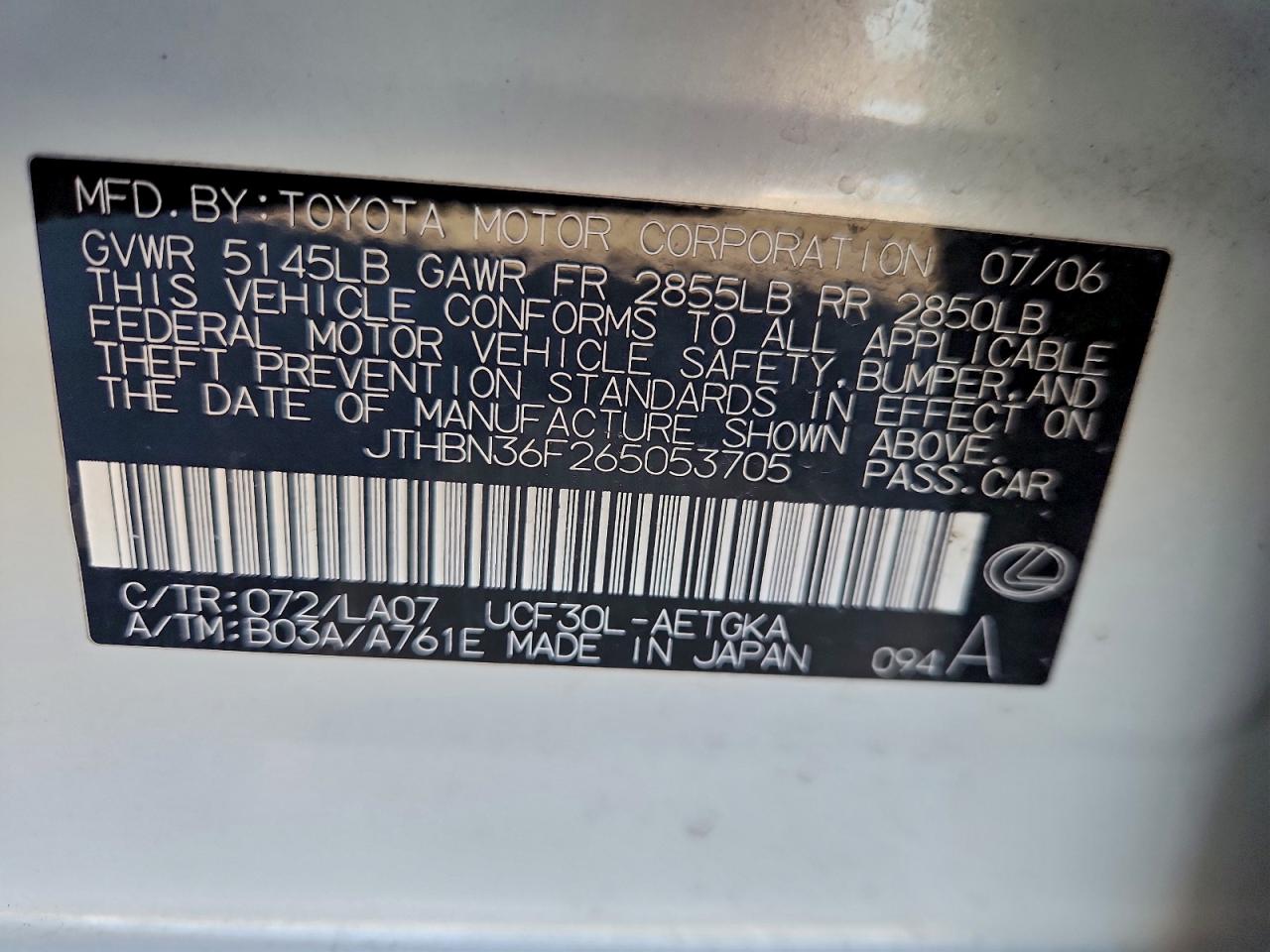 2006 Lexus Ls 430 VIN: JTHBN36F265053705 Lot: 94557825