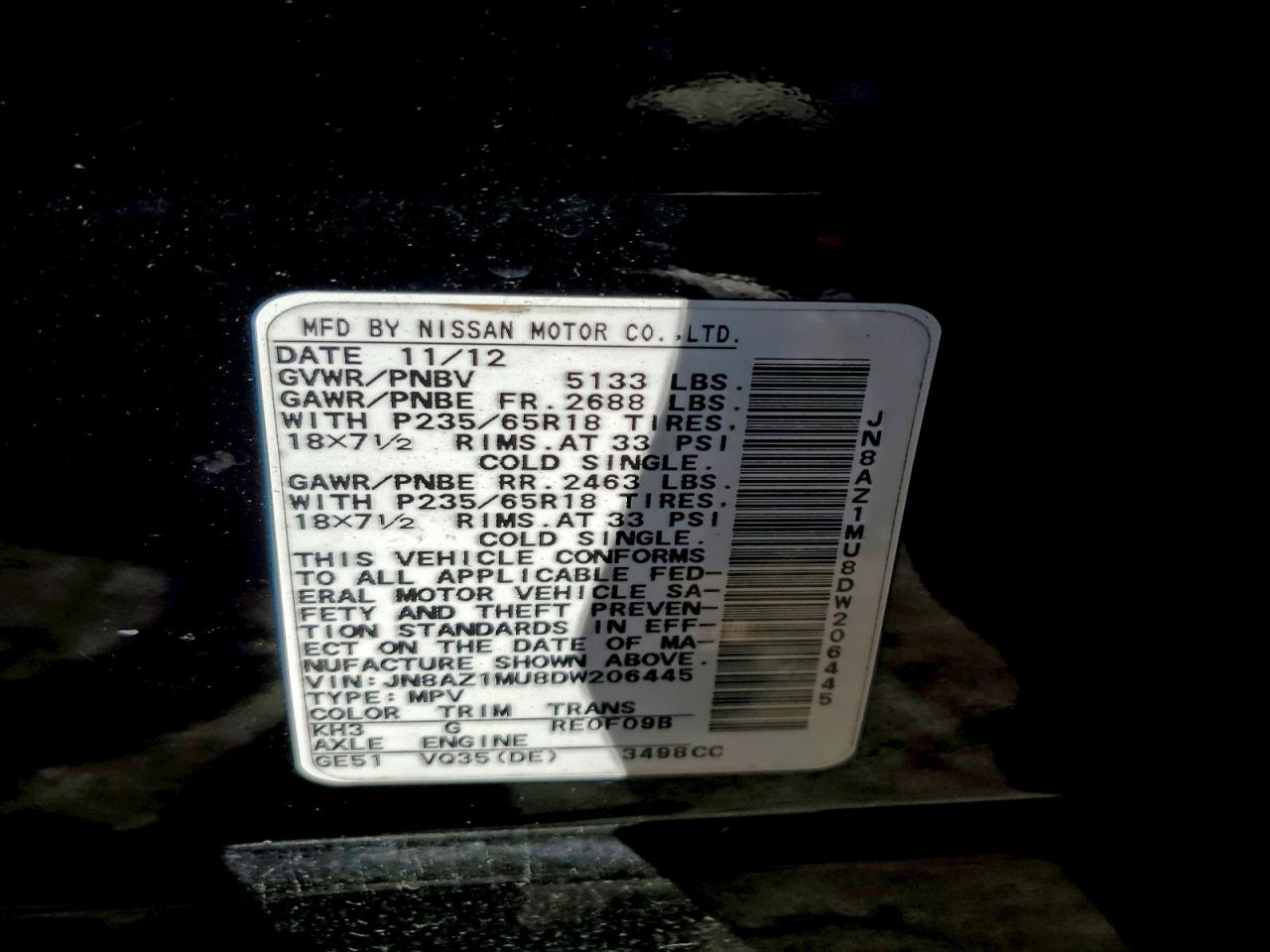 2013 Nissan Murano S VIN: JN8AZ1MU8DW206445 Lot: 93914945