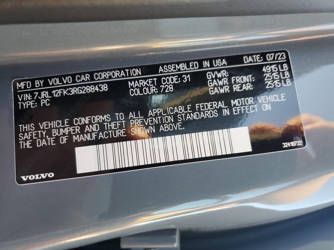 2024 Volvo S60 Core VIN: 7JRL12FK3RG288438 Lot: 93463875