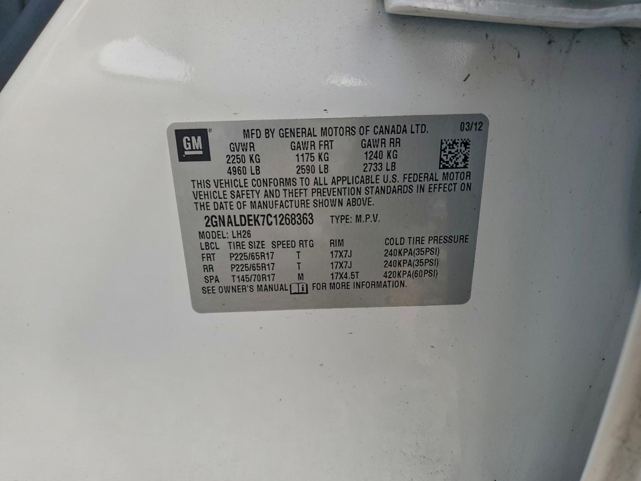 2012 Chevrolet Equinox Lt VIN: 2GNALDEK7C1268363 Lot: 93987645