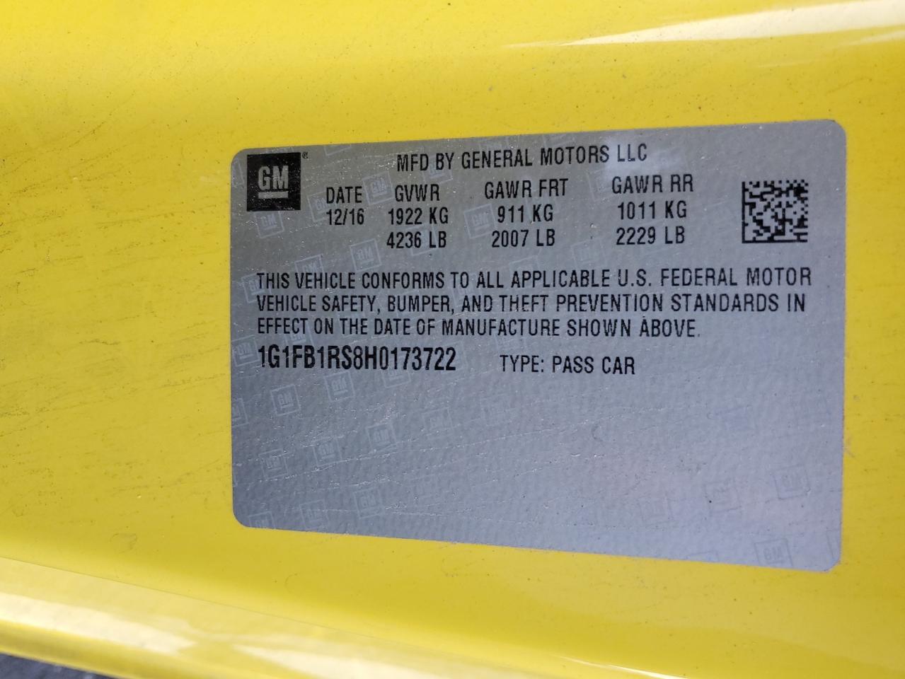 2017 Chevrolet Camaro Lt VIN: 1G1FB1RS8H0173722 Lot: 92843085