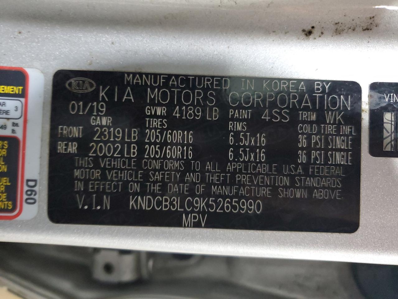 2019 Kia Niro Fe VIN: KNDCB3LC9K5265990 Lot: 93037715