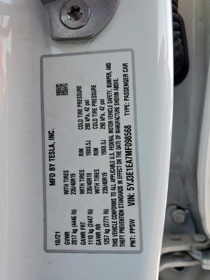 2021 Tesla Model 3 VIN: 5YJ3E1EA7MF098568 Lot: 93003385
