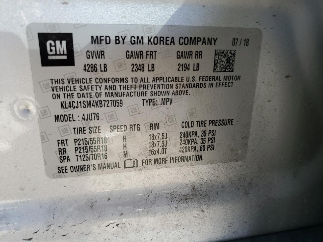 2019 Buick Encore Sport Touring VIN: KL4CJ1SM4KB727059 Lot: 91680855