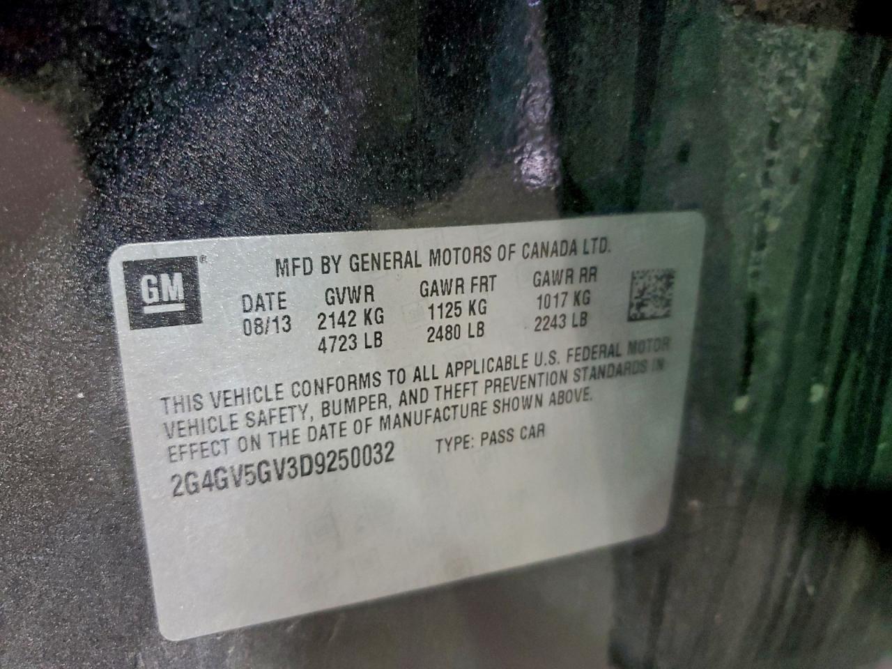 2013 Buick Regal Gs VIN: 2G4GV5GV3D9250032 Lot: 94064895