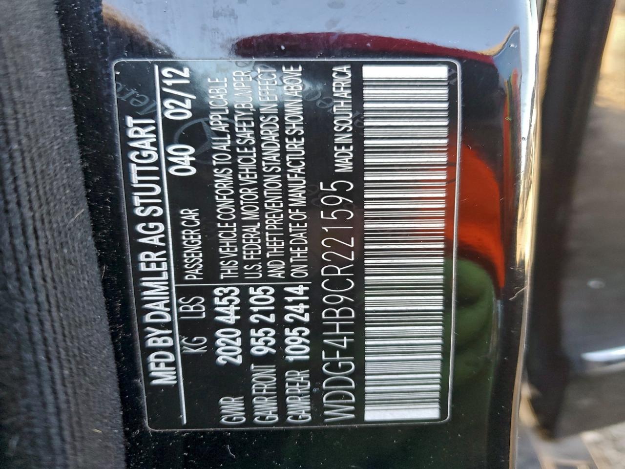 2012 Mercedes-Benz C 250 VIN: WDDGF4HB9CR221595 Lot: 94290415