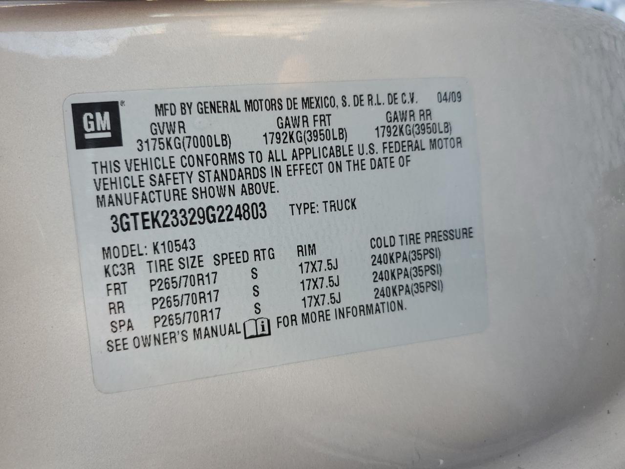 2009 GMC Sierra K1500 Sle VIN: 3GTEK23329G224803 Lot: 92111525