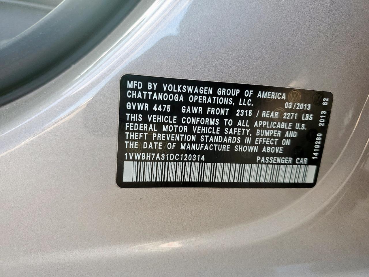 2013 Volkswagen Passat Se VIN: 1VWBH7A31DC120314 Lot: 93241485