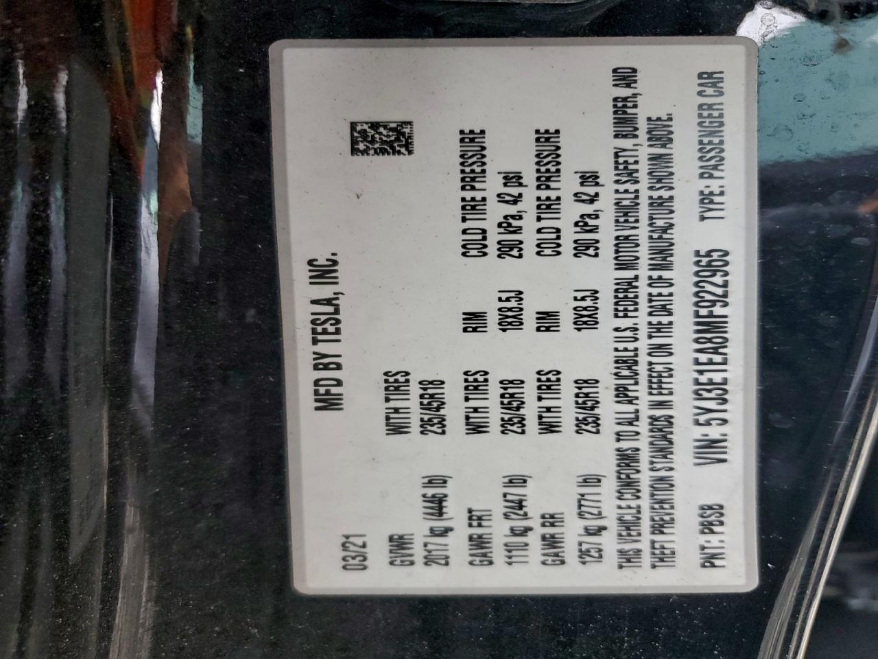 2021 Tesla Model 3 VIN: 5YJ3E1EA8MF922965 Lot: 93280845