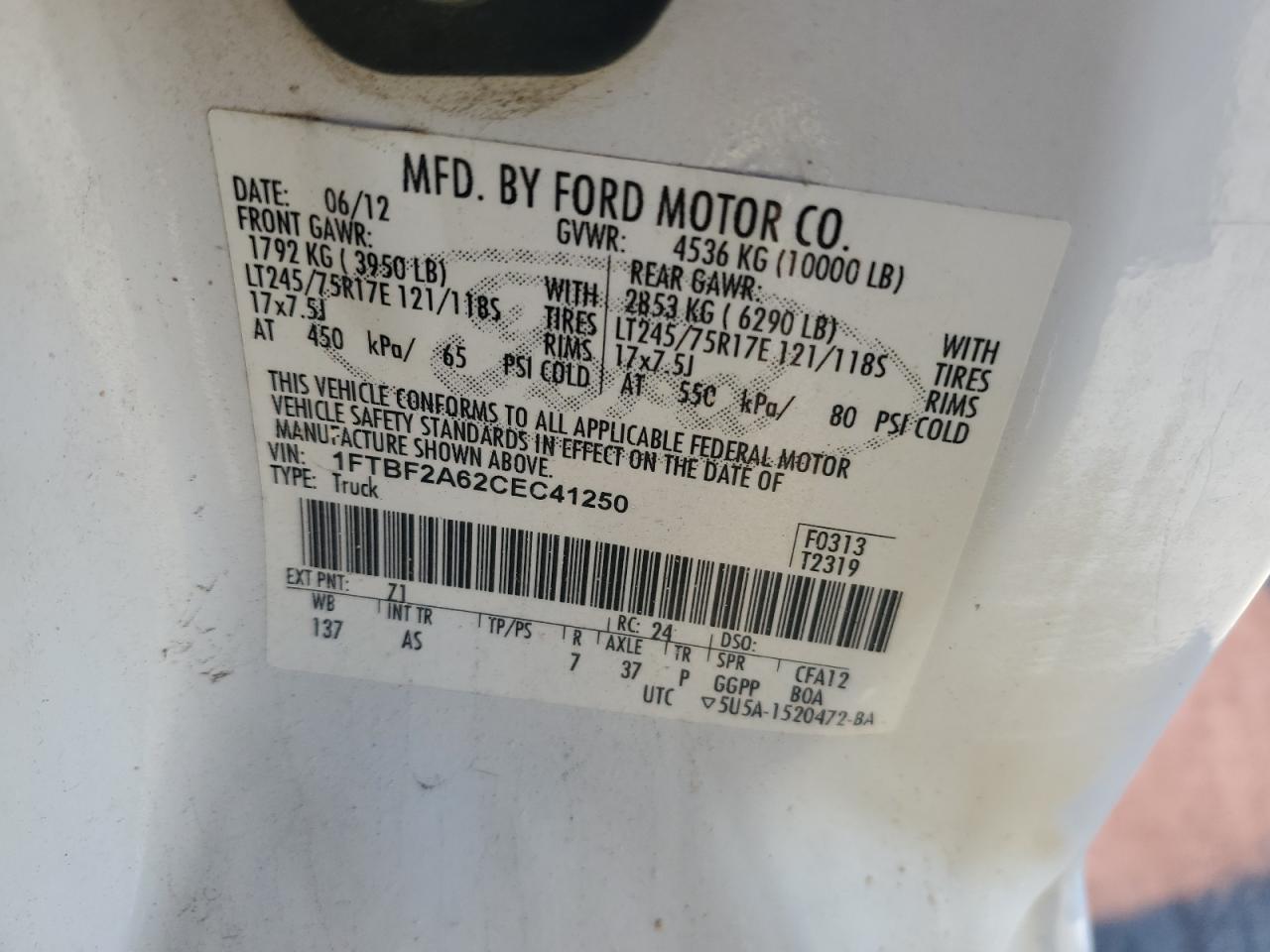 2012 Ford F250 Super Duty VIN: 1FTBF2A62CEC41250 Lot: 91895145