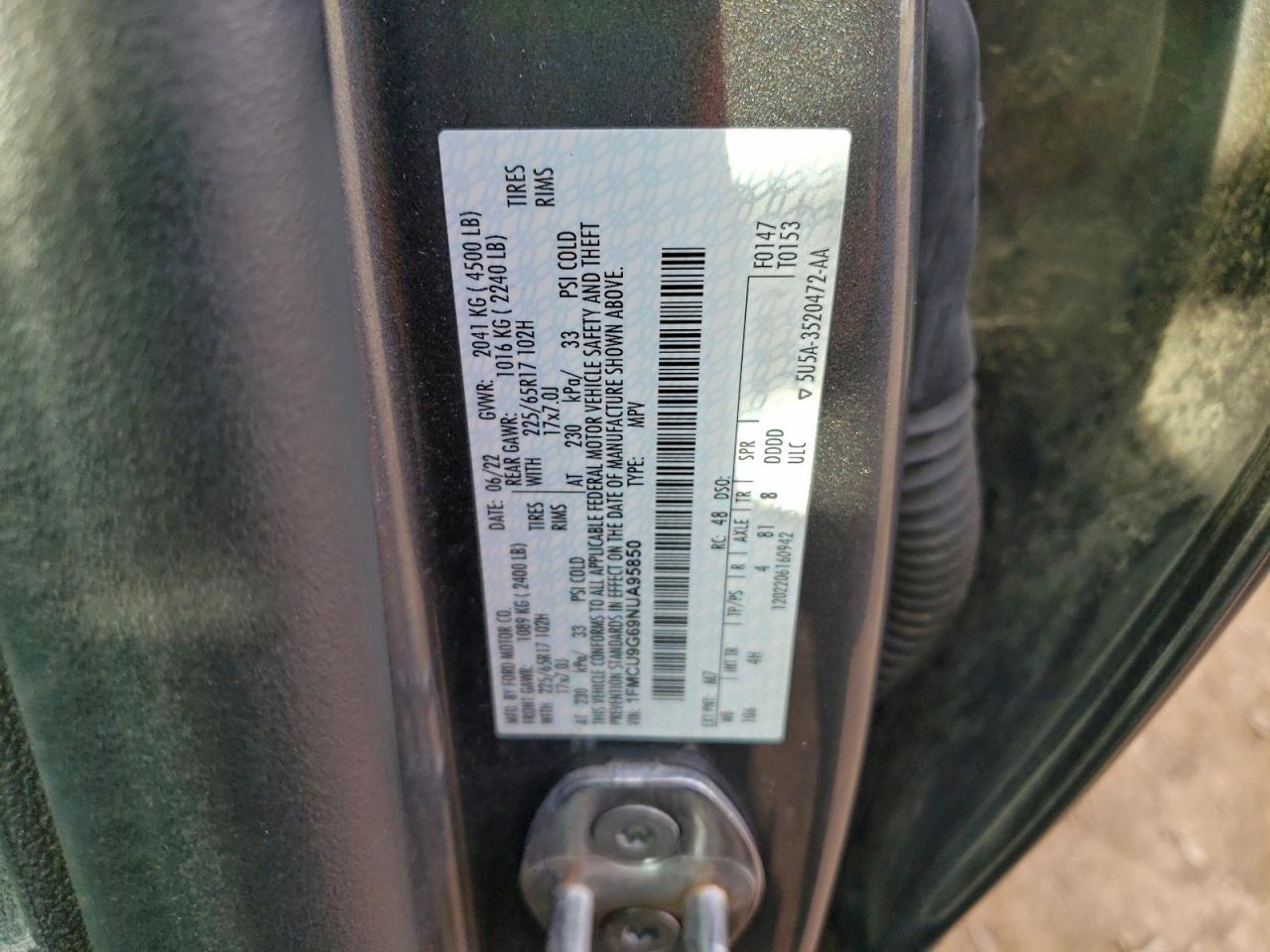 2022 Ford Escape Se VIN: 1FMCU9G69NUA95850 Lot: 94365335