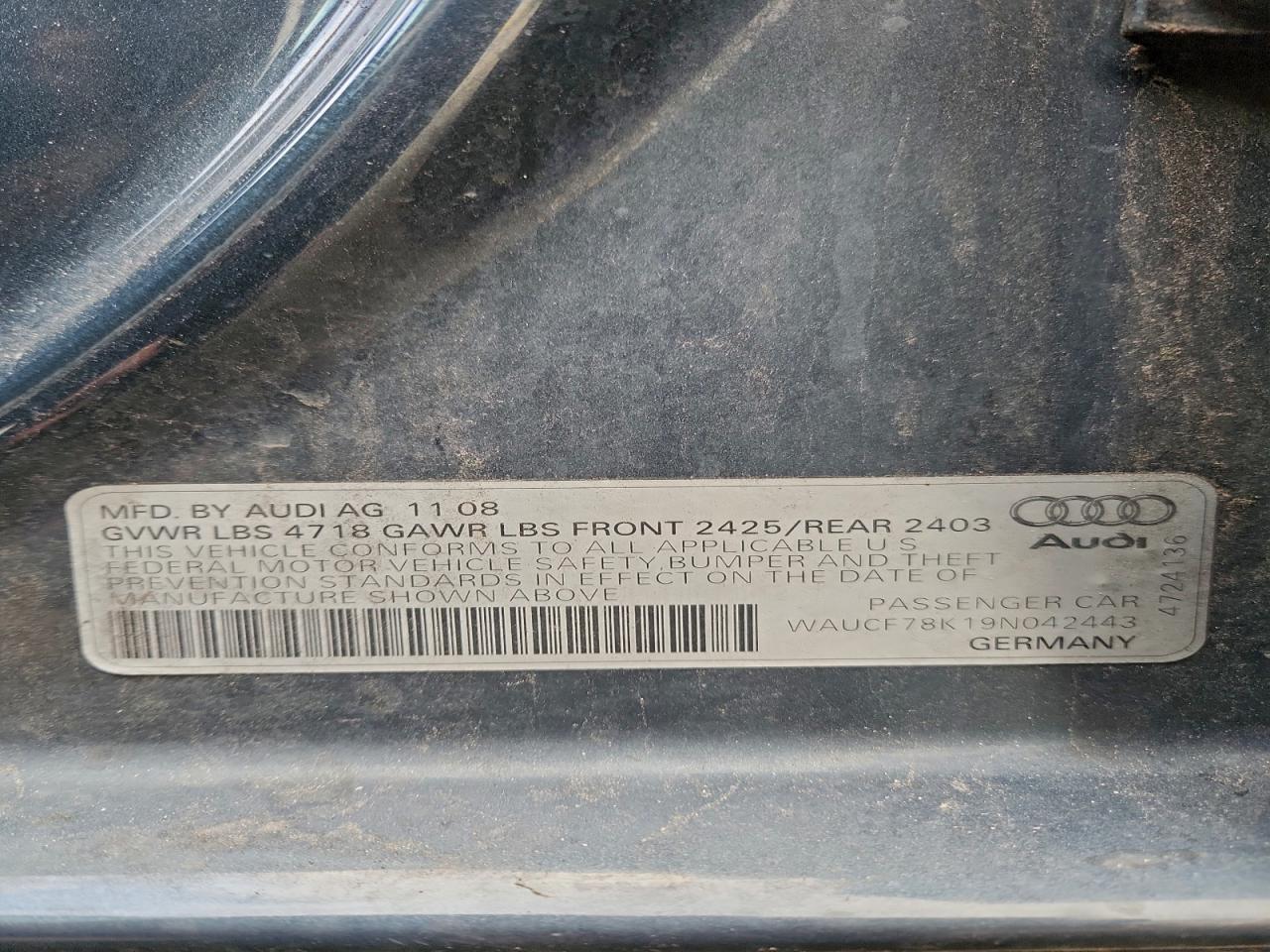 2009 Audi A4 Premium VIN: WAUCF78K19N042443 Lot: 93555335