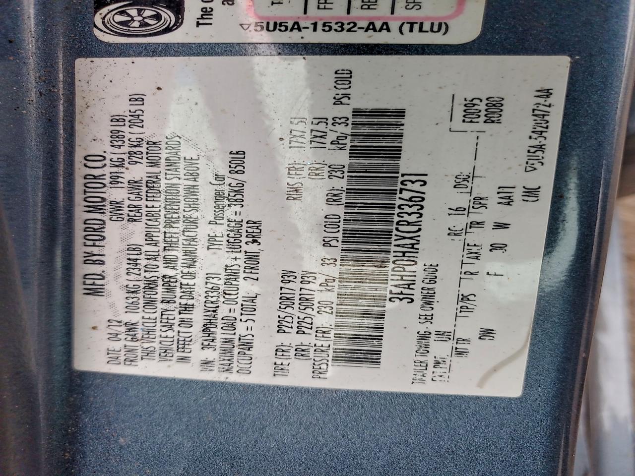 2012 Ford Fusion Se VIN: 3FAHP0HAXCR336731 Lot: 93842375