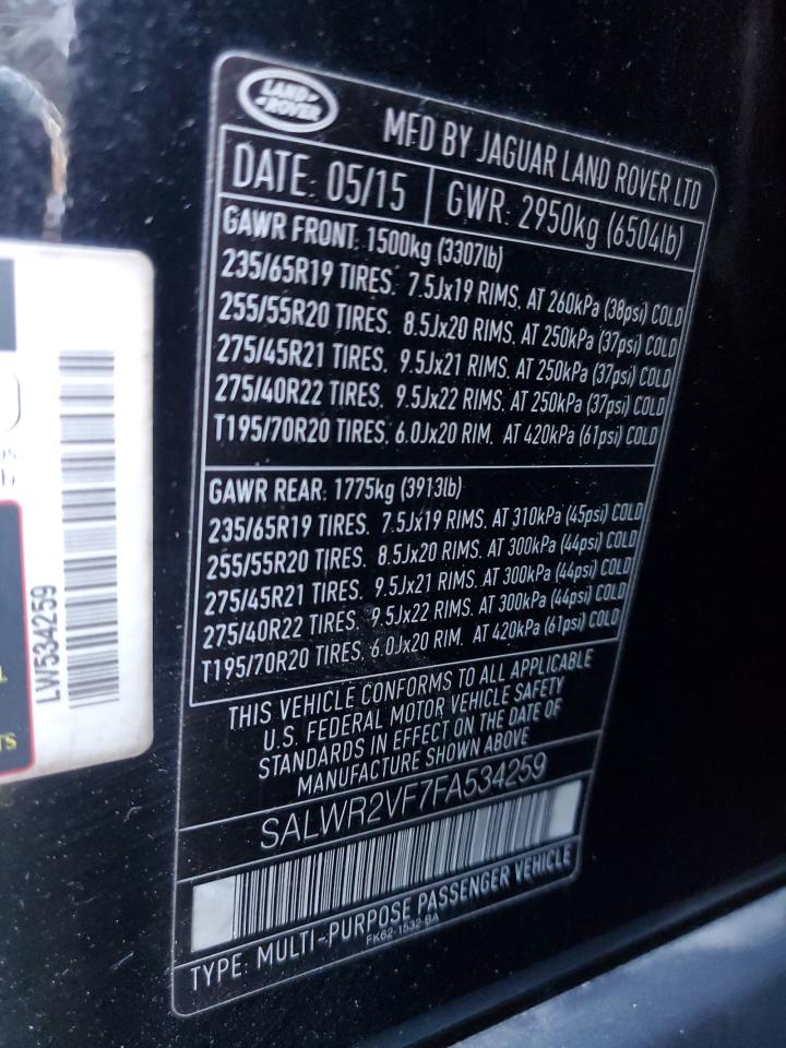 2015 Land Rover Range Rover Sport Hse VIN: SALWR2VF7FA534259 Lot: 93086565