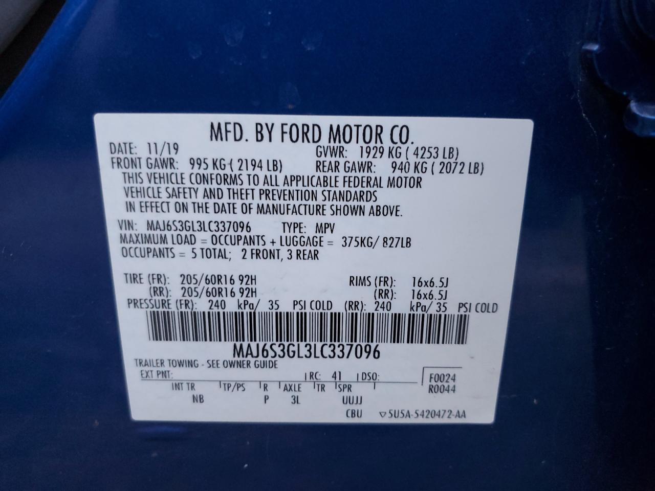 2020 Ford Ecosport Se VIN: MAJ6S3GL3LC337096 Lot: 91236535