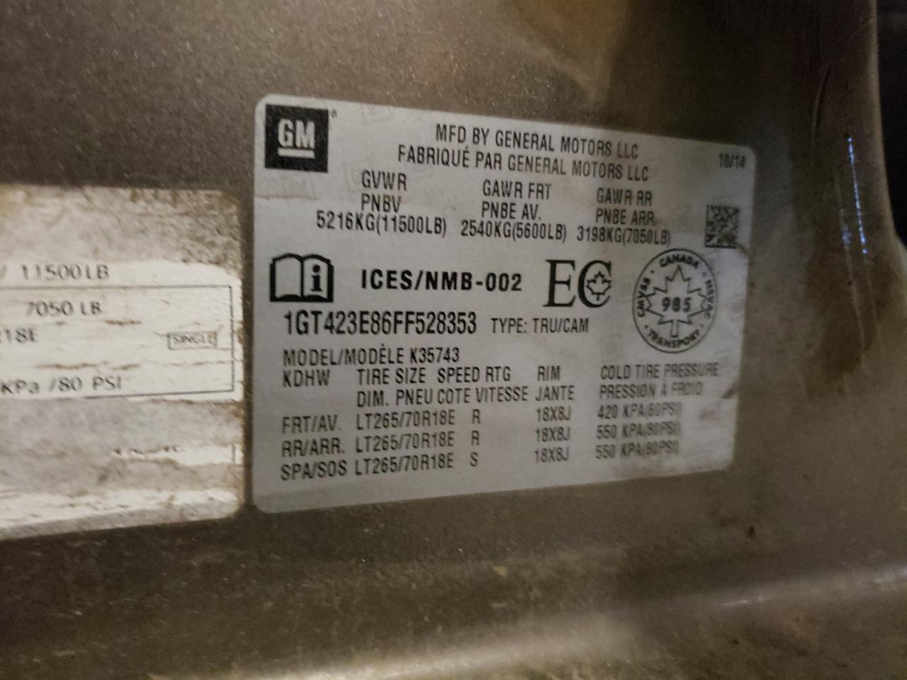 2015 GMC Sierra K3500 Slt VIN: 1GT423E86FF528353 Lot: 86707355