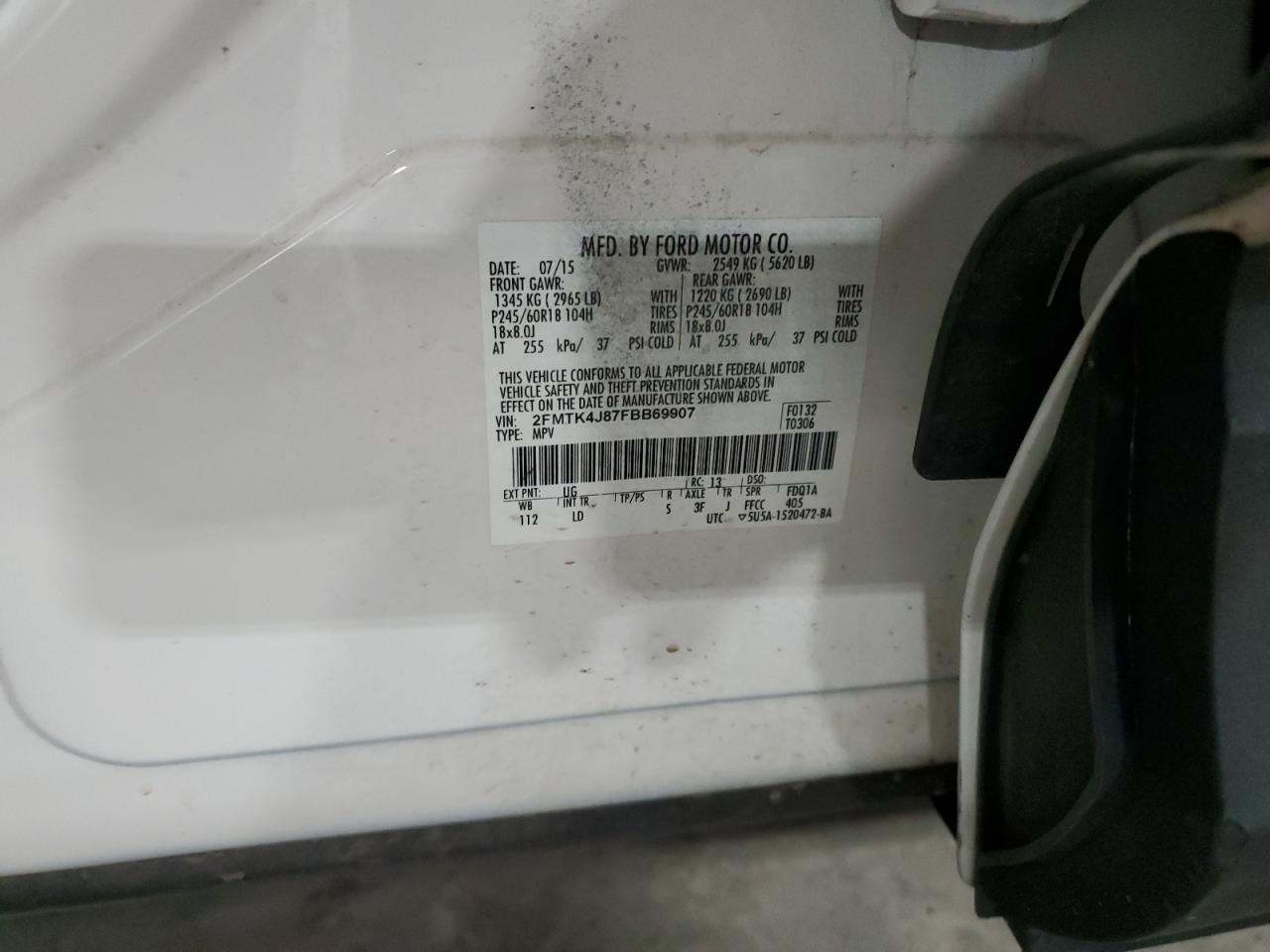 2015 Ford Edge Sel VIN: 2FMTK4J87FBB69907 Lot: 91010435