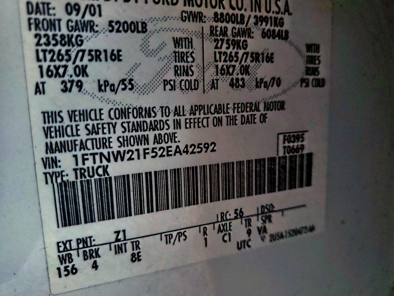 2002 Ford F250 Super Duty VIN: 1FTNW21F52EA42592 Lot: 93763405