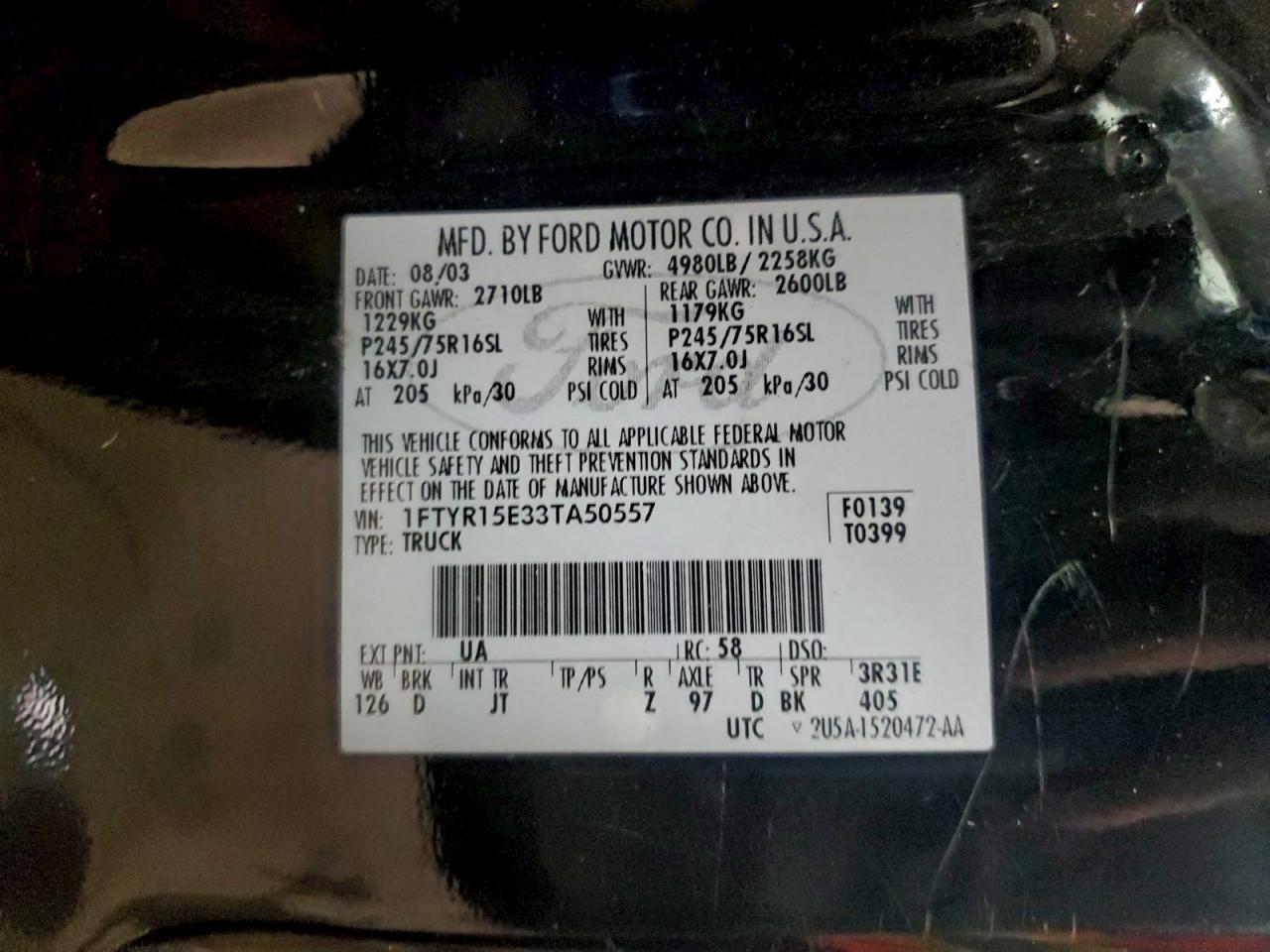 2003 Ford Ranger Super Cab VIN: 1FTYR15E33TA50557 Lot: 93605215