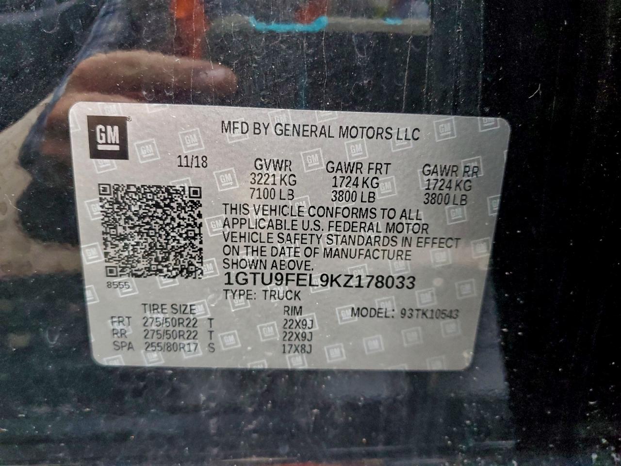 2019 GMC Sierra K1500 Denali VIN: 1GTU9FEL9KZ178033 Lot: 92934415