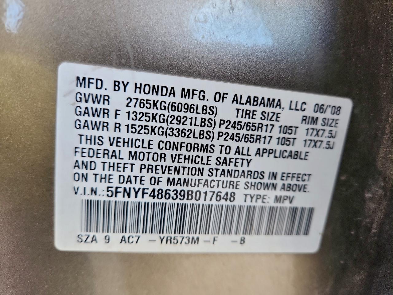 2009 Honda Pilot Exl VIN: 5FNYF48639B017648 Lot: 94665735