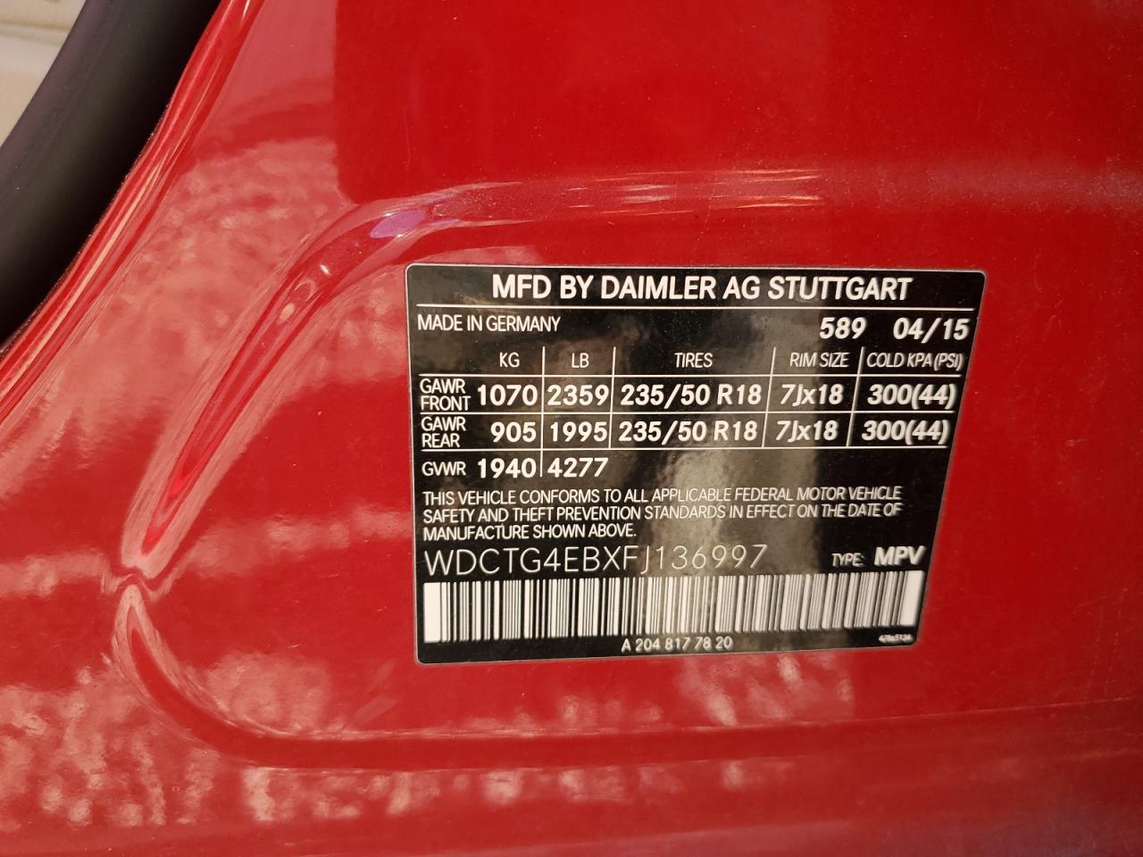 2015 Mercedes-Benz Gla 250 VIN: WDCTG4EBXFJ136997 Lot: 93026895