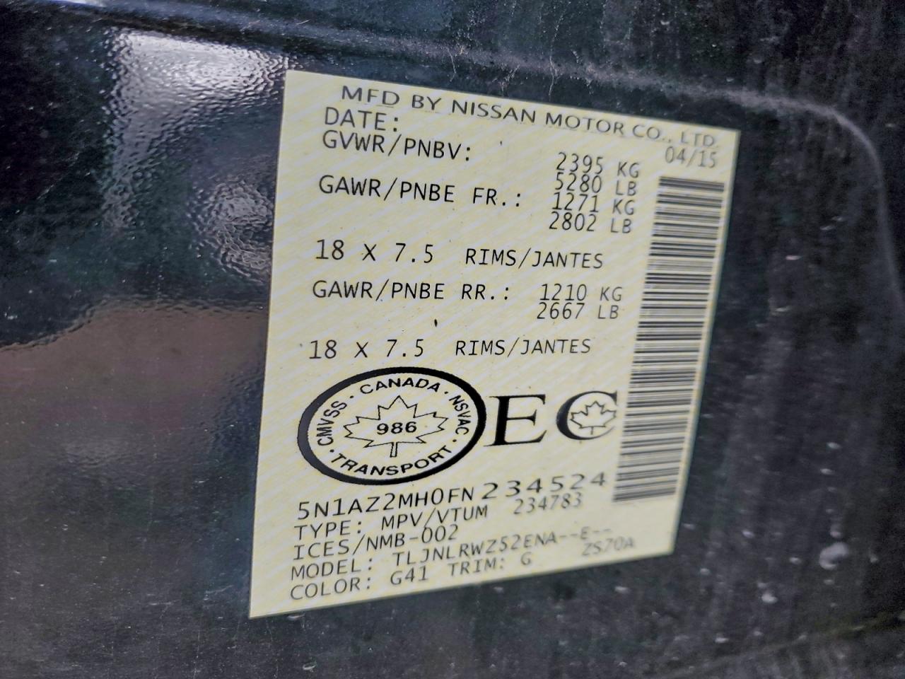 2015 Nissan Murano S VIN: 5N1AZ2MH0FN234524 Lot: 94145835