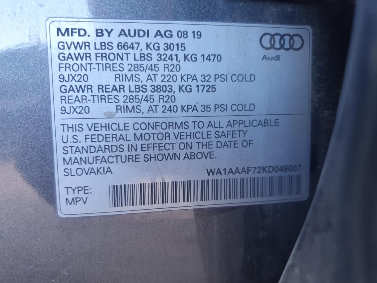 2019 Audi Q7 Premium VIN: WA1AAAF72KD049007 Lot: 93108405