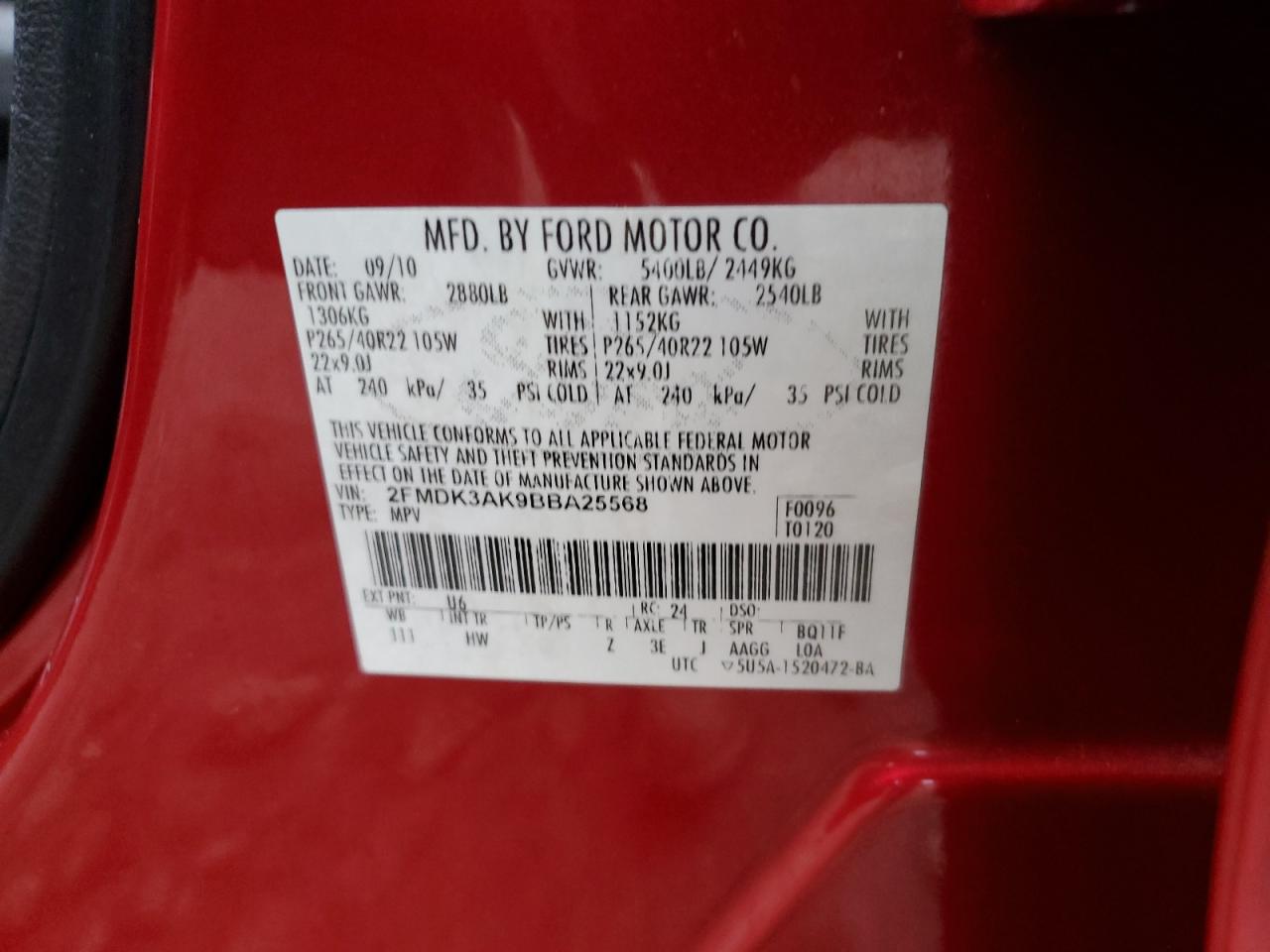 2011 Ford Edge Sport VIN: 2FMDK3AK9BBA25568 Lot: 93690435