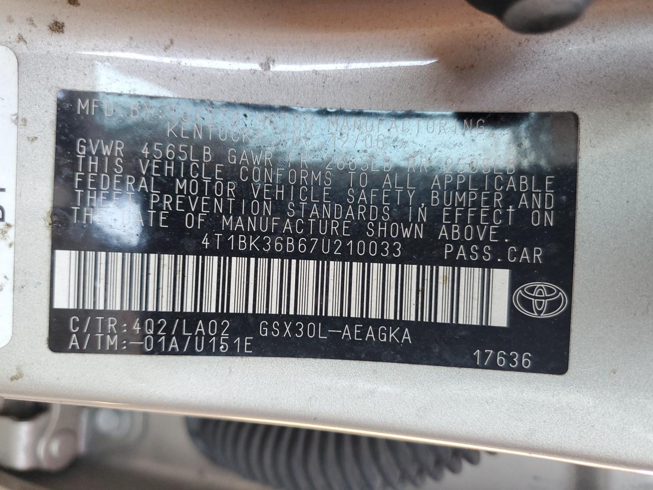 2007 Toyota Avalon Xl VIN: 4T1BK36B67U210033 Lot: 91119455