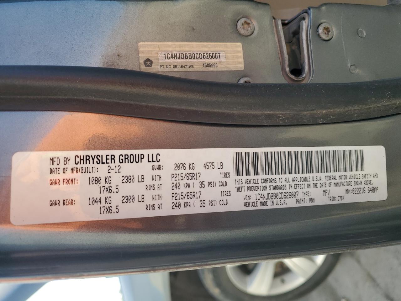 2012 Jeep Compass Sport VIN: 1C4NJDBB0CD626007 Lot: 90919645