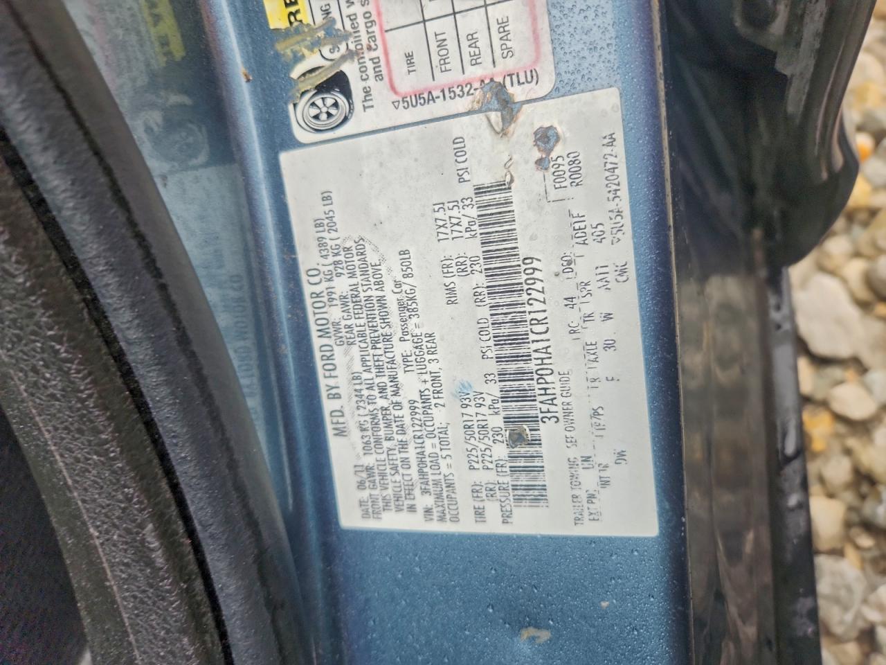 2012 Ford Fusion Se VIN: 3FAHP0HA1CR122999 Lot: 93212365